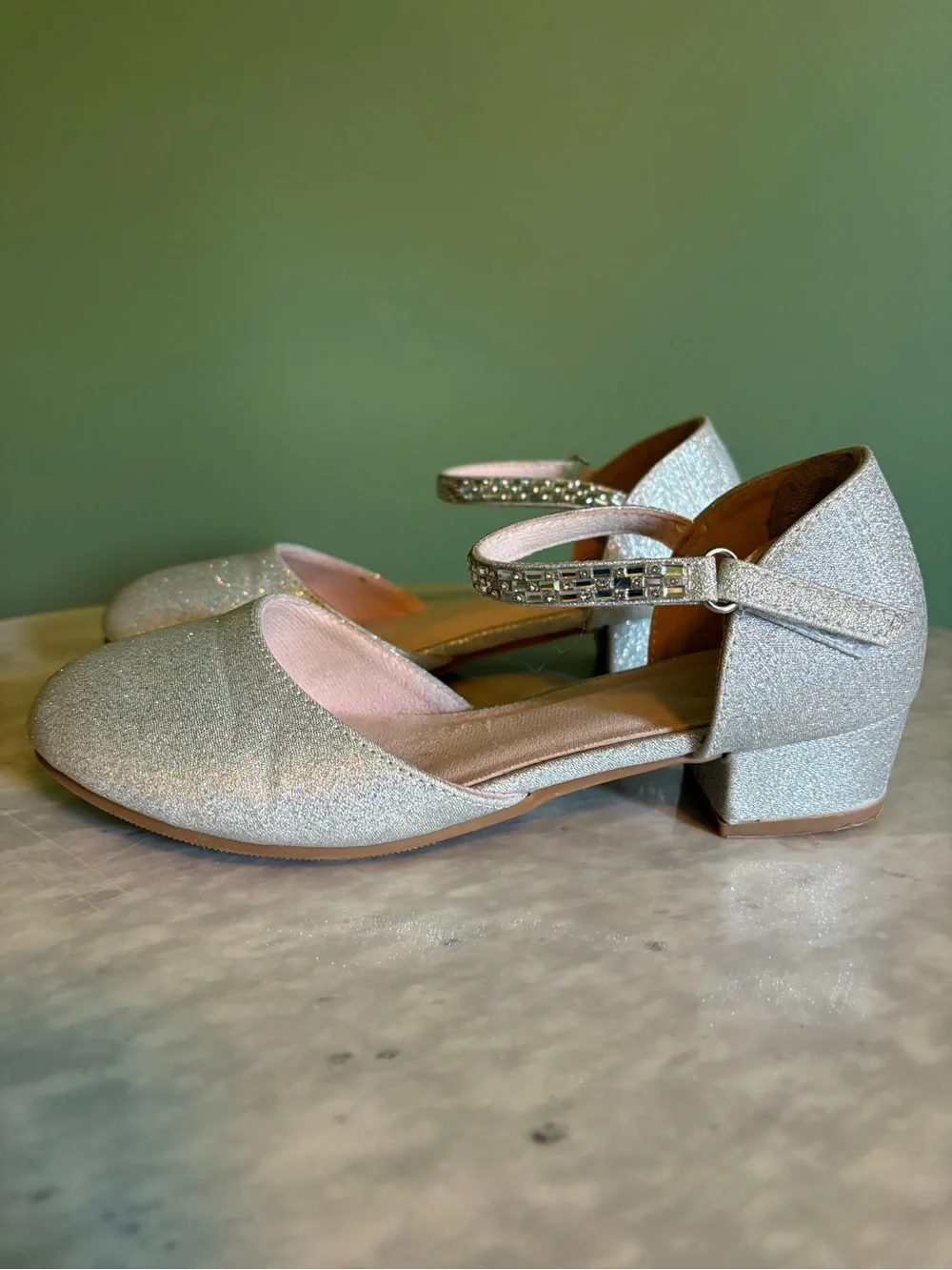 Sparkle Ankle-Strap Kids Low Heel in Silver